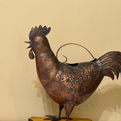 Copper Rooster Watering Can With Wood Stand