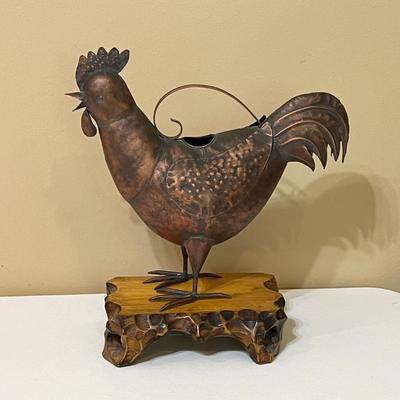 Copper Rooster Watering Can With Wood Stand