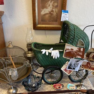 Green Victorian, doll carriage, vintage collectibles