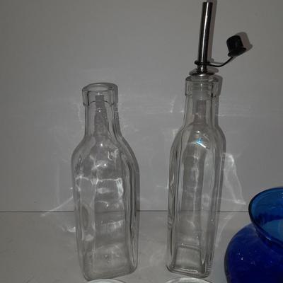 Oil & Vinegar bottles with candle votives, and a vase - Handblown corked dispenser with glass grapes inside