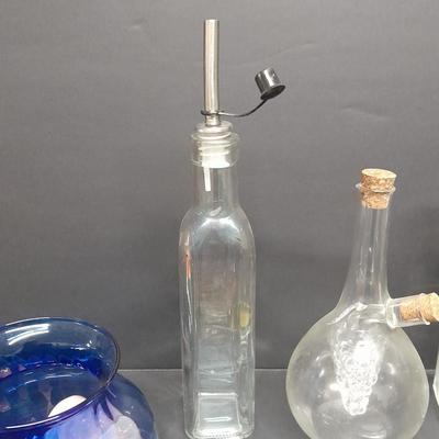 Oil & Vinegar bottles with candle votives, and a vase - Handblown corked dispenser with glass grapes inside