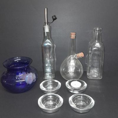 Oil & Vinegar bottles with candle votives, and a vase - Handblown corked dispenser with glass grapes inside