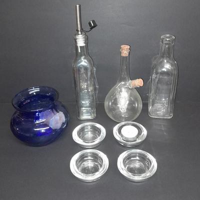 Oil & Vinegar bottles with candle votives, and a vase - Handblown corked dispenser with glass grapes inside