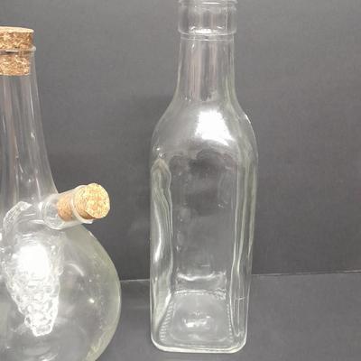 Oil & Vinegar bottles with candle votives, and a vase - Handblown corked dispenser with glass grapes inside