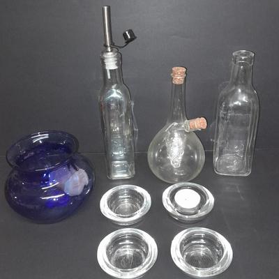 Oil & Vinegar bottles with candle votives, and a vase - Handblown corked dispenser with glass grapes inside