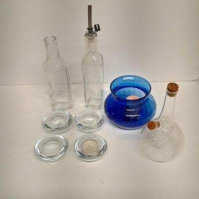 Oil & Vinegar bottles with candle votives, and a vase - Handblown corked dispenser with glass grapes inside
