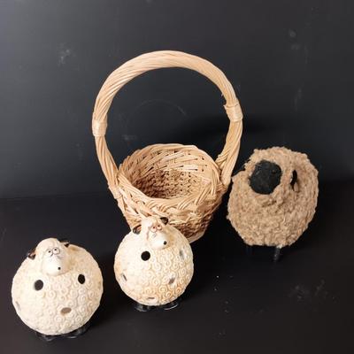 Two ceramic sheep candle votives - fabric wooly sheep with wood legs - and a decorative basket