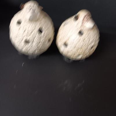 Two ceramic sheep candle votives - fabric wooly sheep with wood legs - and a decorative basket