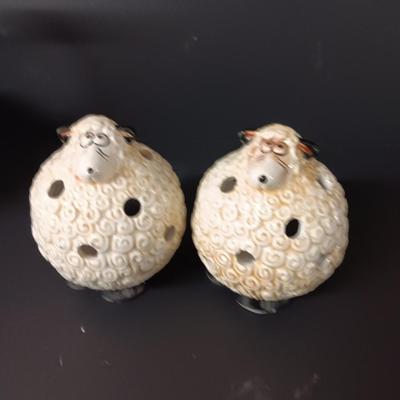 Two ceramic sheep candle votives - fabric wooly sheep with wood legs - and a decorative basket