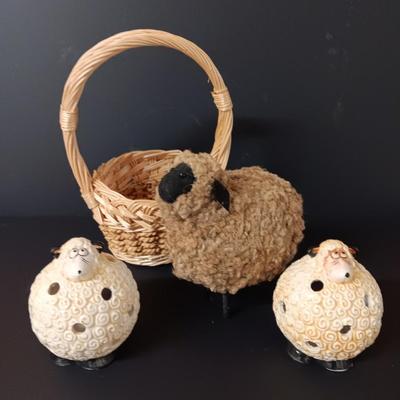 Two ceramic sheep candle votives - fabric wooly sheep with wood legs - and a decorative basket