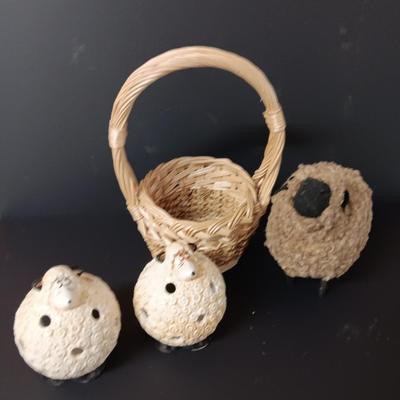 Two ceramic sheep candle votives - fabric wooly sheep with wood legs - and a decorative basket