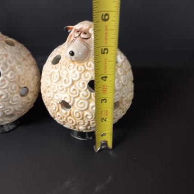 Two ceramic sheep candle votives - fabric wooly sheep with wood legs - and a decorative basket