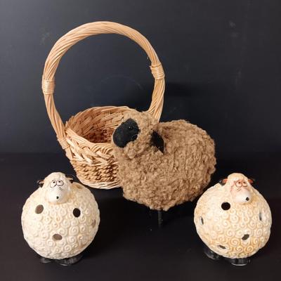 Two ceramic sheep candle votives - fabric wooly sheep with wood legs - and a decorative basket