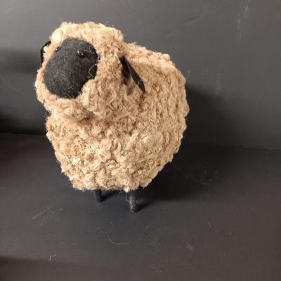 Two ceramic sheep candle votives - fabric wooly sheep with wood legs - and a decorative basket