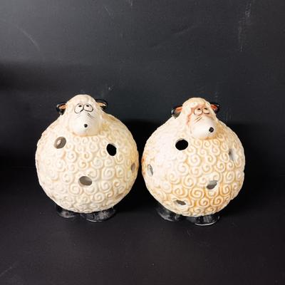 Two ceramic sheep candle votives - fabric wooly sheep with wood legs - and a decorative basket