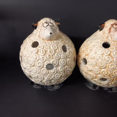 Two ceramic sheep candle votives - fabric wooly sheep with wood legs - and a decorative basket