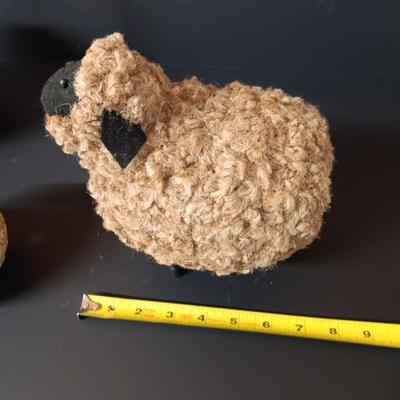 Two ceramic sheep candle votives - fabric wooly sheep with wood legs - and a decorative basket