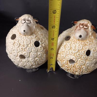 Two ceramic sheep candle votives - fabric wooly sheep with wood legs - and a decorative basket