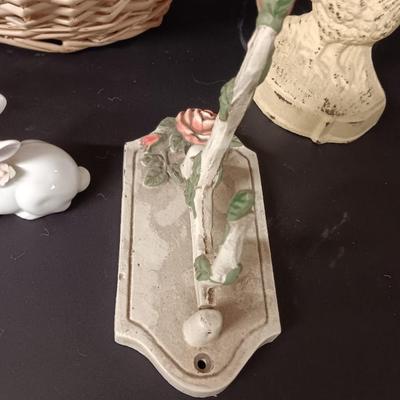 Cast Iron chicken door stop - metal hooks/hangers = two ceramic rabbits and two decorative baskets