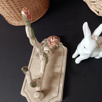 Cast Iron chicken door stop - metal hooks/hangers = two ceramic rabbits and two decorative baskets