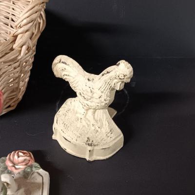 Cast Iron chicken door stop - metal hooks/hangers = two ceramic rabbits and two decorative baskets