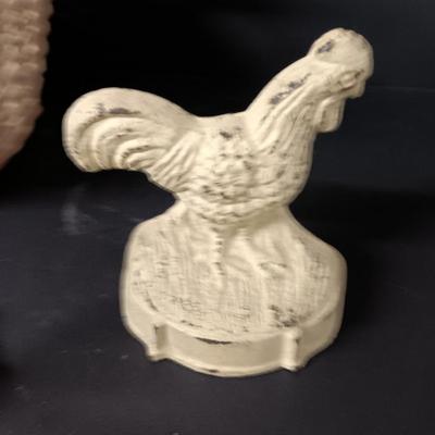 Cast Iron chicken door stop - metal hooks/hangers = two ceramic rabbits and two decorative baskets