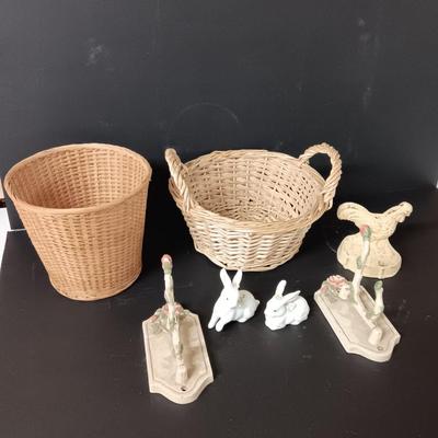 Cast Iron chicken door stop - metal hooks/hangers = two ceramic rabbits and two decorative baskets