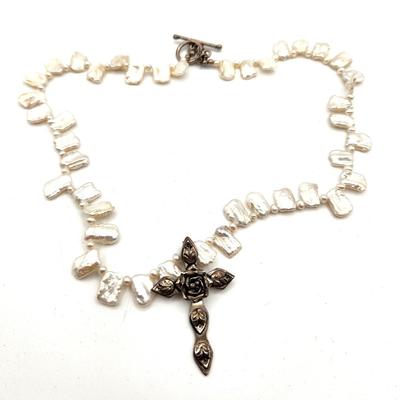 Lot #119D Necklace - Seed /Natural Pearls - Sterling Cross