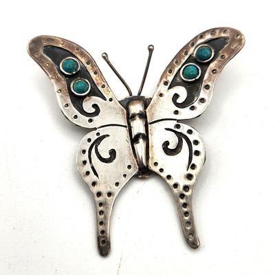 Lot #122D Sterling Silver Butterfly Brooch - Turquoise accents