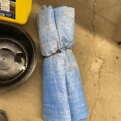 5 Gallon Yellow Fuel Can, Several Hose Remnants, drain pan and large warn Tarp