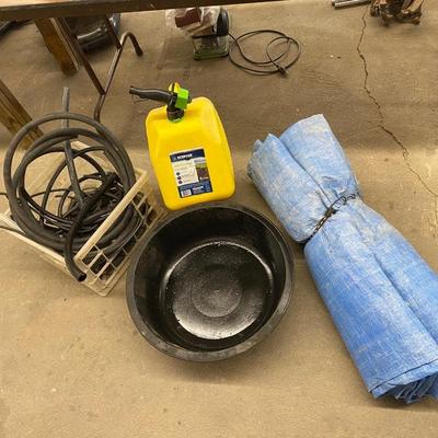 5 Gallon Yellow Fuel Can, Several Hose Remnants, drain pan and large warn Tarp
