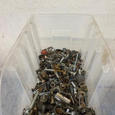 Organizing bins with a large variety of fasteners and other miscellaneous items