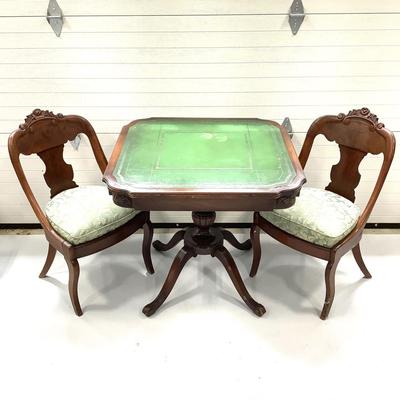 1000 Antique Victorian Leather Top Table and Two Carved Chairs