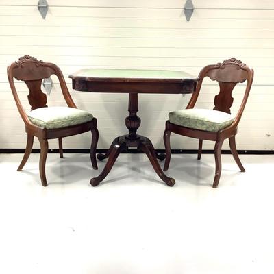 1000 Antique Victorian Leather Top Table and Two Carved Chairs