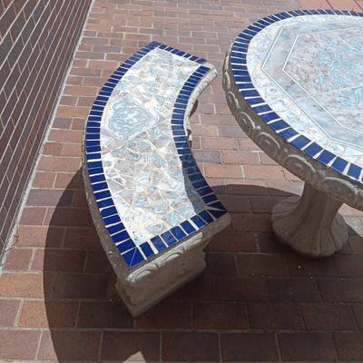 TILED TOP CONCRETE TABLE AND 2 BENCHES