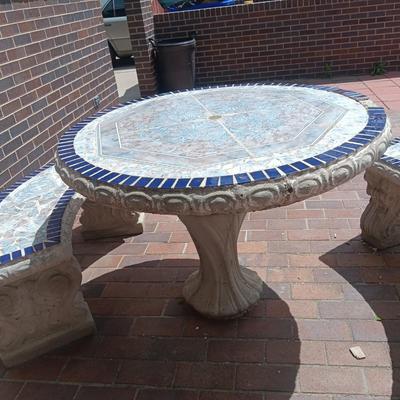 TILED TOP CONCRETE TABLE AND 2 BENCHES
