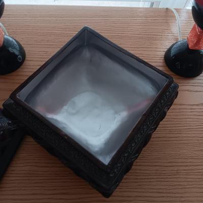 2 MATCHING GLASS BASE LAMPS AND A BOX WITH A LID