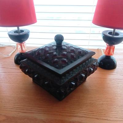 2 MATCHING GLASS BASE LAMPS AND A BOX WITH A LID