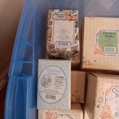 STORAGE TOTE FULL OF MOSTLY CHERISHED TEDDIES