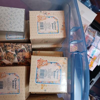 STORAGE TOTE FULL OF MOSTLY CHERISHED TEDDIES