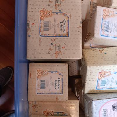 STORAGE TOTE FULL OF MOSTLY CHERISHED TEDDIES