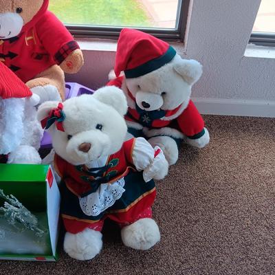 SEVERAL PLUSH BEARS (1 IS MUSICAL) AND A PLASTIC SLEIGH