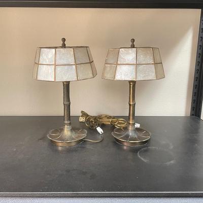 Tiffany Style Bronze Nightstand Lamps with Capiz Shell Shades and unique petal-like base