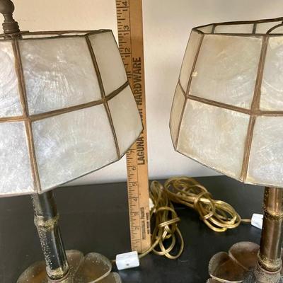 Tiffany Style Bronze Nightstand Lamps with Capiz Shell Shades and unique petal-like base
