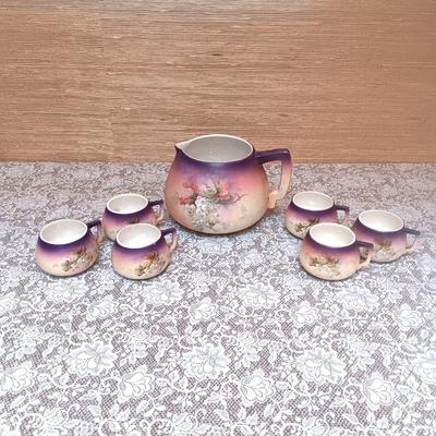 VINTAGE HANDPAINTED PORCELAIN TEAPOT AND CUPS