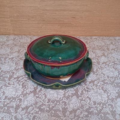 CLAY CASSEROLE DISH WITH LID AND A CLAY PLATTER
