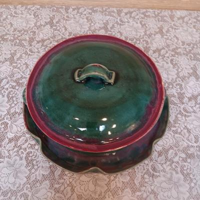 CLAY CASSEROLE DISH WITH LID AND A CLAY PLATTER