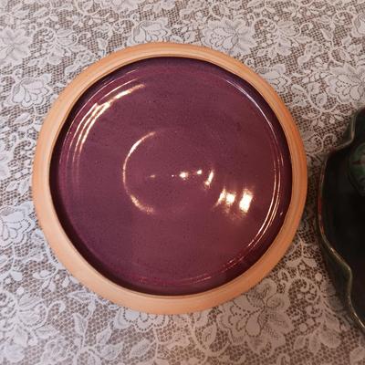 CLAY CASSEROLE DISH WITH LID AND A CLAY PLATTER