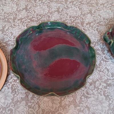 CLAY CASSEROLE DISH WITH LID AND A CLAY PLATTER
