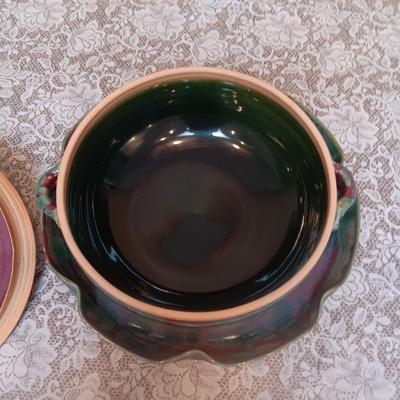 CLAY CASSEROLE DISH WITH LID AND A CLAY PLATTER